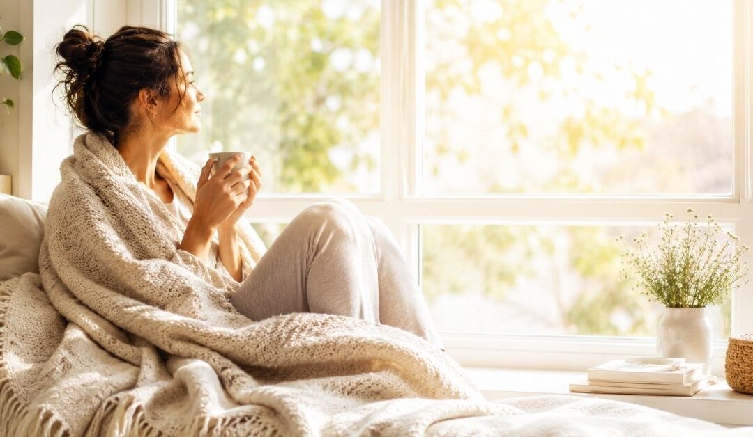 Femme assise près d'une fenêtre, enveloppée dans un plaid avec une tasse de thé, illustrant comment prendre soin de soi sans dépenser un centime.