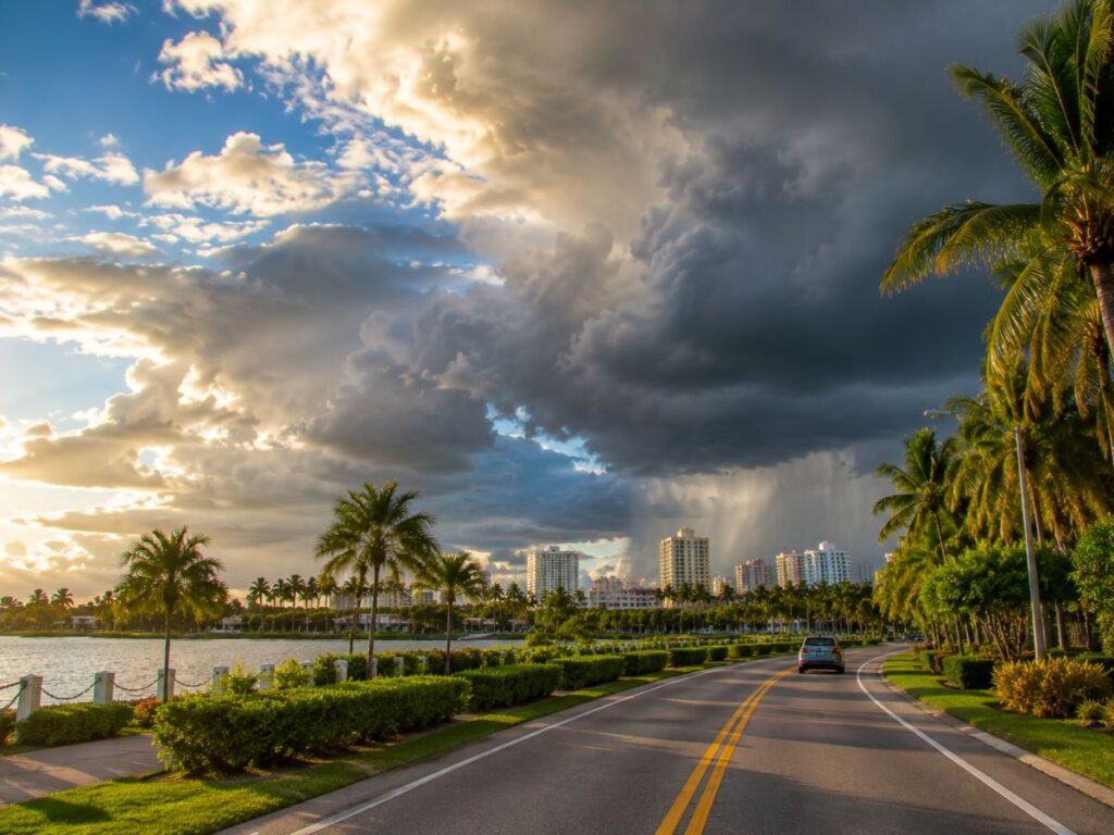 ciel partagé entre soleil et gros nuages d'orage pour illustrer quand partir en Floride