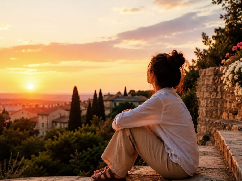 Ralentir pour romantiser sa vie Femme assise dehors en fin de journée, sur quelques marches, regardant le ciel au coucher du soleil.