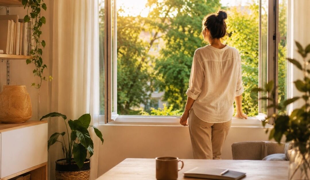 Femme, devant sa fenêtre ouverte, dans un intérieur lumineux pour illustrer un reset de septembre