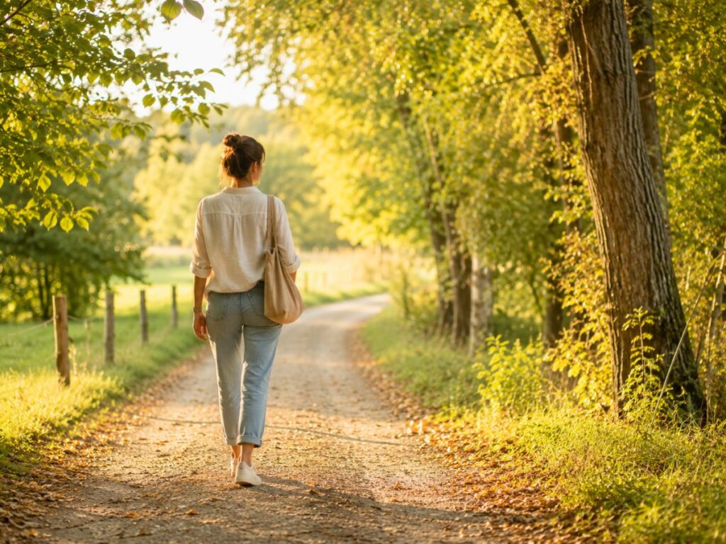 Femme qui marche seule dans la nature, sur un chemin entouré de verdure