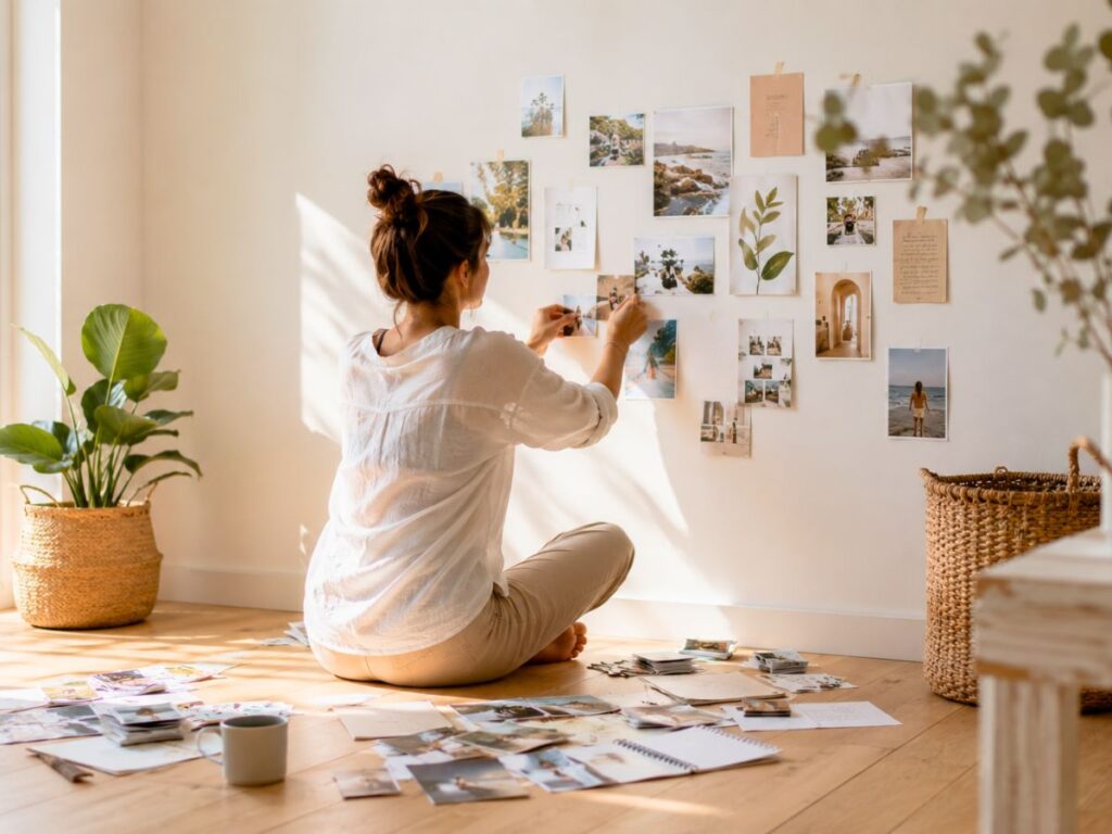 Femme assise au sol devant un grand mur, en train d'organiser quelques photos, notes et inspirations, dans un environnement très lumineux.
