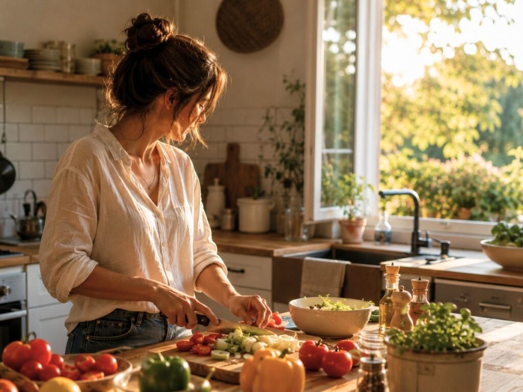 Romantiser sa vie au quotidien cuisine lumineuse en fin de journée, avec une femme de 3/4 qui prépare tranquillement un repas simple. Légumes sur le plan de travail, lumière naturelle, fenêtre ouverte