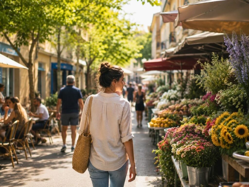 Romantiser sa vie en redécouvrant son quartier Petite rue de quartier animée, avec marché local, étals de fruits ou de fleurs, terrasses, passants et une femme qui flâne naturellement