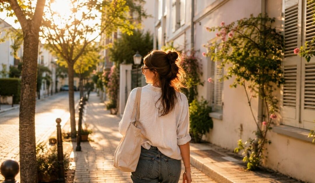 Femme de dos, qui marche dans une jolie rue, d'un quartier résidentiel agréable, façades claires, arbres, quelques fleurs et végétation.