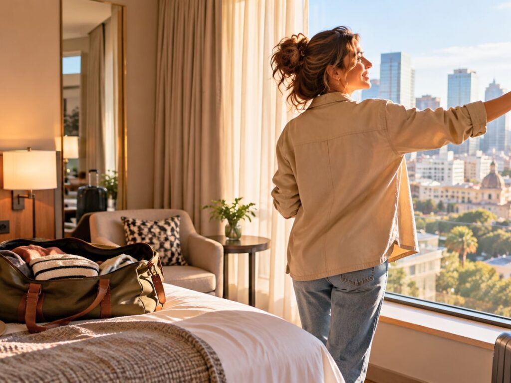 Femme arrivée seule dans une chambre d’hôtel pour un week-end, une des activités à faire seule au moins une fois dans sa vie. Femme arrivée seule dans une chambre d’hôtel pour un week-end, une des activités à faire seule au moins une fois dans sa vie.