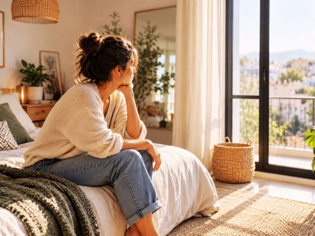 Femme assise sur son lit qui hésite avant de passer à l’action Femme assise sur son lit qui hésite avant de passer à l’action