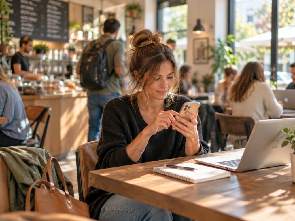 Femme dans un café en train de faire tri pour désencombrer sa vie Femme utilisant son téléphone dans un café animé, illustrant le tri numérique et la réduction des sollicitations du quotidien.