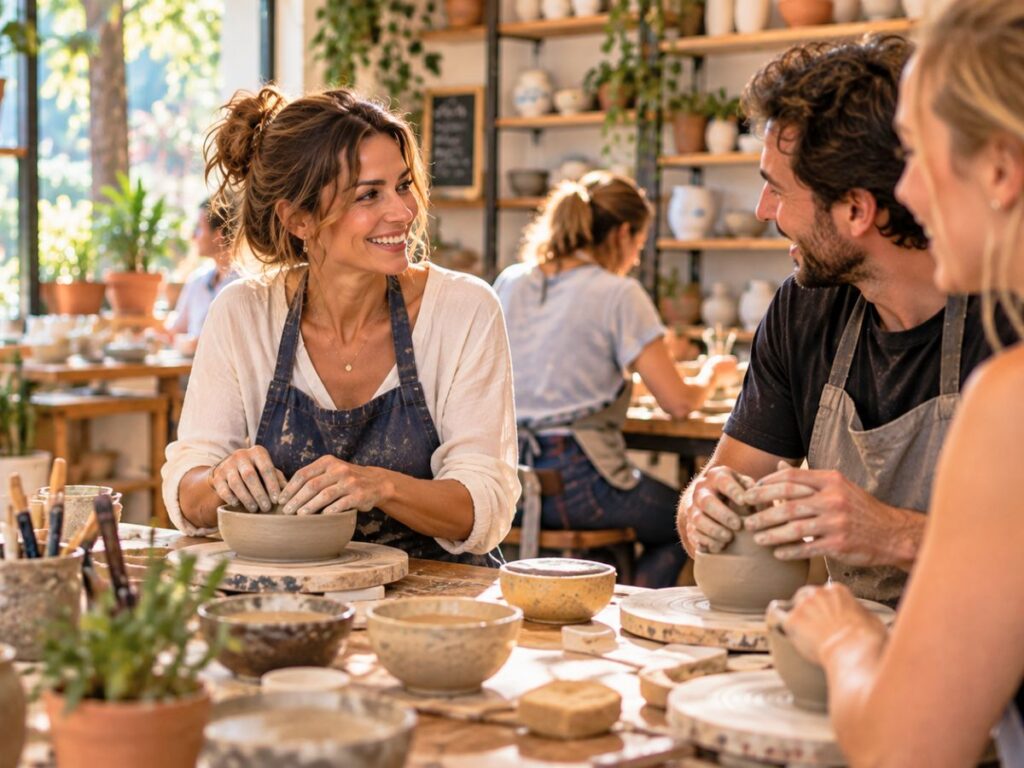 Femme participant seule à un atelier de poterie avec d’autres participants, une des activités à faire seule pour sortir de sa routine. Femme participant seule à un atelier de poterie avec d’autres participants, une des activités à faire seule pour sortir de sa routine.