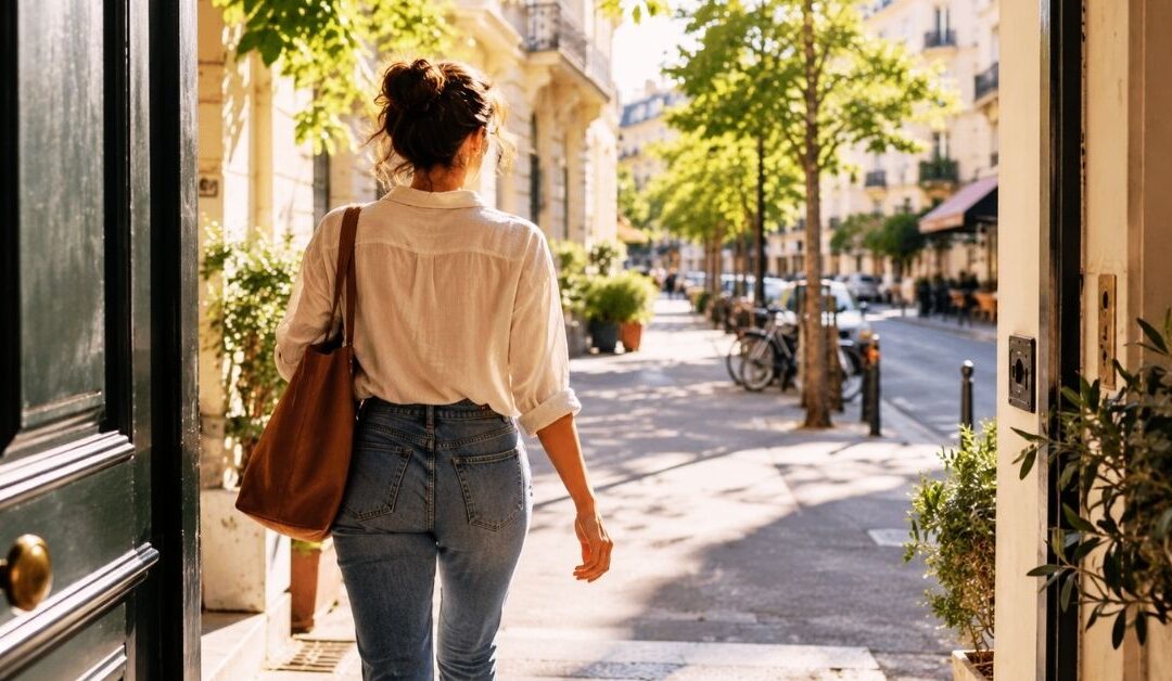 Femme qui sort de chez elle et décide de passer à l’action