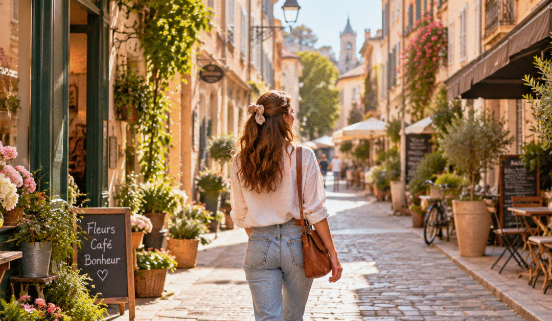 Femme se promenant dans une jolie rue pour profiter de sa ville comme si elle était en voyage