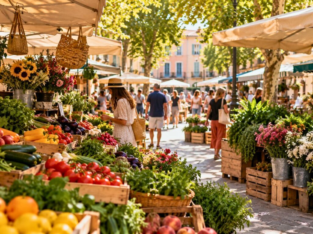 marché local avec étals de fruits et légumes