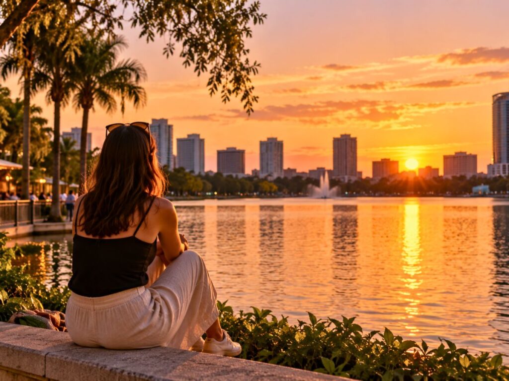 femme assise de dos, simplement en train de regarder le coucher du soleil, devant un lac