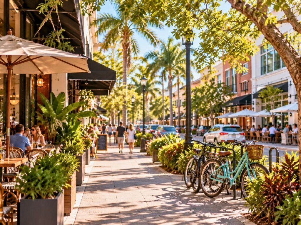 petite rue pleine de vie, avec terrasses, vélos, arbres, quelques passants au loin.