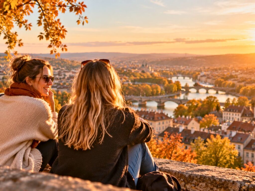 Deux amies admirant une ville aux couleurs de l’automne depuis un belvédère, une idée de sortie parmi les 20 choses à faire avant la fin de l’année. Deux amies admirant une ville aux couleurs de l’automne depuis un belvédère, une idée de sortie parmi les 20 choses à faire avant la fin de l’année.