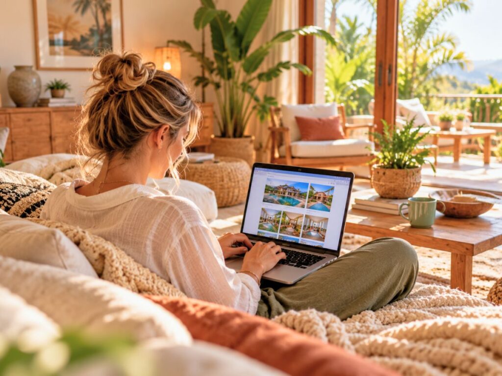 Femme consultant des annonces de house sitting sur son ordinateur portable Femme consultant des annonces de house sitting sur son ordinateur portable, confortablement installée dans un salon lumineux et chaleureux.