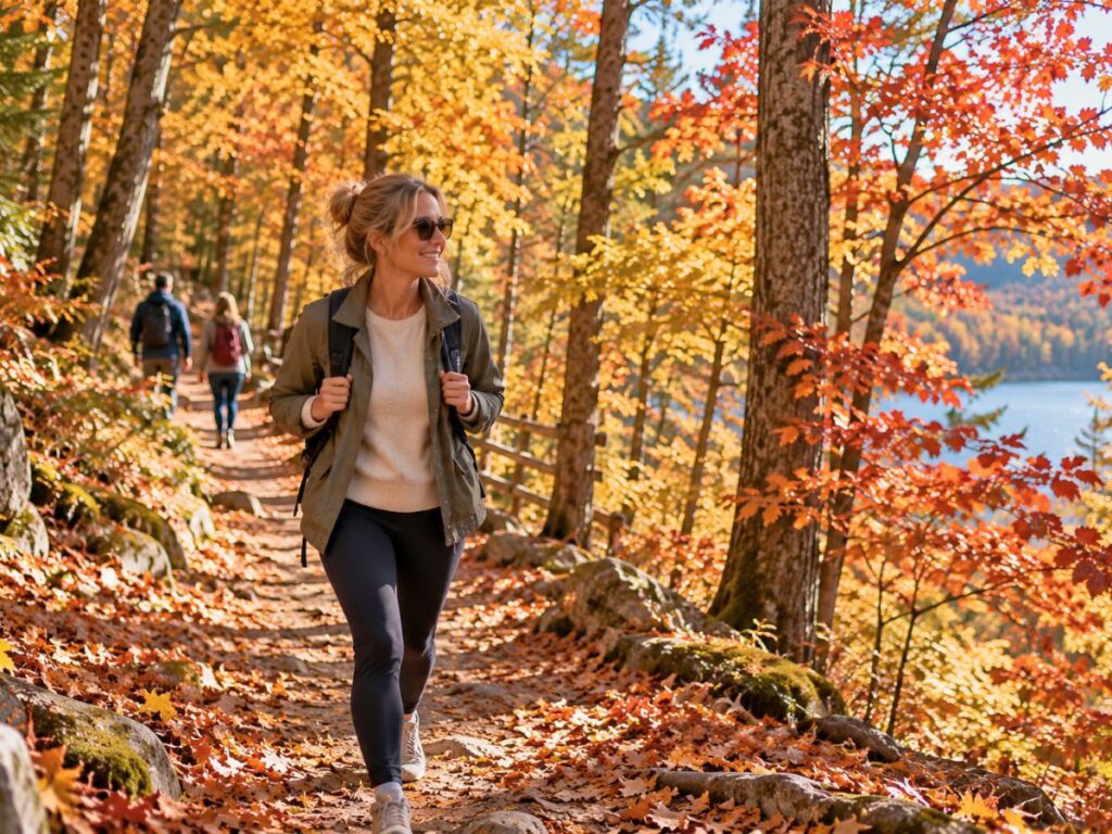 Femme en balade sur un sentier aux couleurs d’automne pour profiter pleinement de l’automne et passer du temps en pleine nature. Femme en balade sur un sentier aux couleurs d’automne pour profiter pleinement de l’automne et passer du temps en pleine nature.