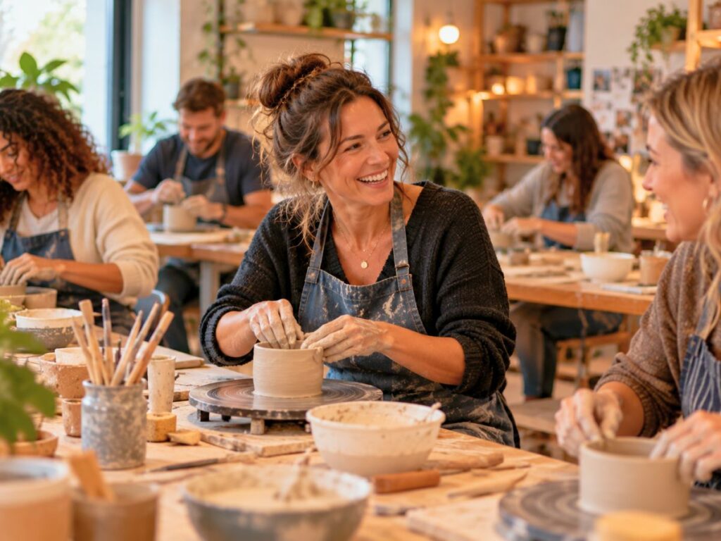 Femme participant à un atelier de poterie avec d’autres personnes, une activité créative pour profiter pleinement de l’automne. Femme participant à un atelier de poterie avec d’autres personnes, une activité créative pour profiter pleinement de l’automne.