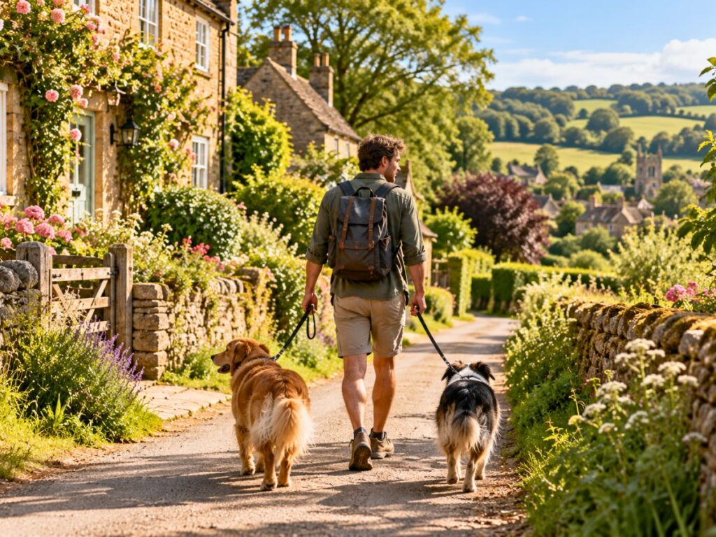 Homme promenant deux chiens sur un chemin de campagne Homme promenant deux chiens sur un chemin de campagne bordé de maisons anglaises, illustrant les responsabilités liées au house sitting.