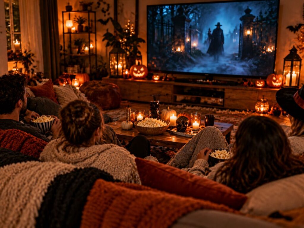 Soirée cinéma pour célébrer Halloween quand on est adulte, avec des amis installés dans un salon cosy décoré de citrouilles illuminées, de bougies et de plaids devant un film d’horreur. Soirée cinéma pour célébrer Halloween quand on est adulte, avec des amis installés dans un salon cosy décoré de citrouilles illuminées, de bougies et de plaids devant un film d’horreur.