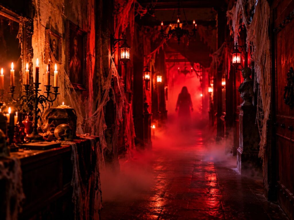 attraction horrifique pour célébrer Halloween quand on est adulte Couloir inquiétant d’une attraction horrifique pour célébrer Halloween quand on est adulte, avec des éclairages rouges, du brouillard et une silhouette mystérieuse au fond.