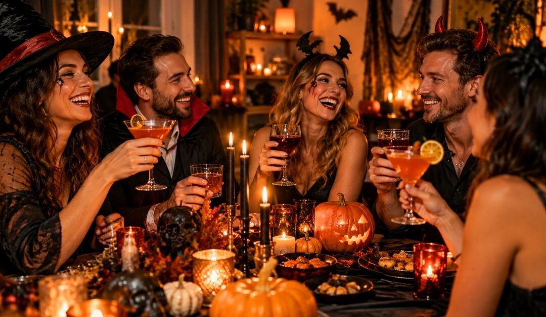 Célébrer Halloween quand on est adulte : cinq amis réunis autour d’une table décorée de citrouilles et de bougies, avec des cocktails et des déguisements dans une ambiance festive.