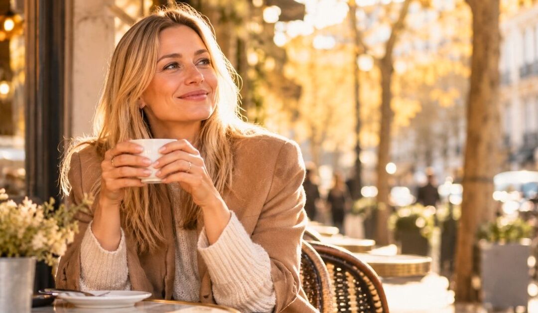 Femme blonde savourant un café en terrasse sous une douce lumière automnale, une pause inspirante parmi les 20 choses à faire avant la fin de l'année.