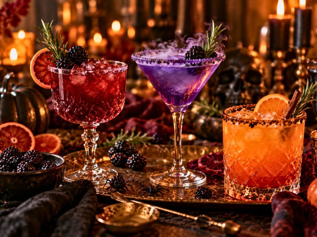 cocktails colorés rouge, violet et orange pour célébrer Halloween quand on est adulte Trois cocktails colorés rouge, violet et orange pour célébrer Halloween quand on est adulte, décorés de mûres et de romarin, entourés de citrouilles et de bougies.