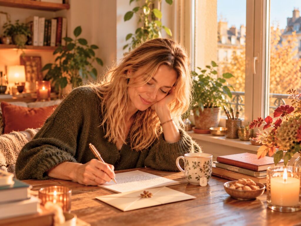 femme écrivant une lettre à la main près d’une fenêtre Une femme écrivant une lettre à la main près d’une fenêtre, une idée inspirante parmi les 20 choses à faire avant la fin de l’année.