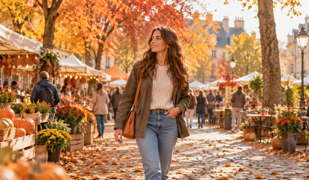 Femme se promenant dans un marché d’automne pour profiter pleinement de l’automne, entourée de citrouilles et d’arbres aux couleurs de saison.